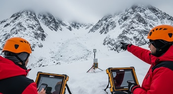 Dos personas con cascos naranjas y chaquetas rojas miran pantallas portátiles y una ladera nevada con equipos de monitoreo bajo un cielo nublado en un entorno montañoso.