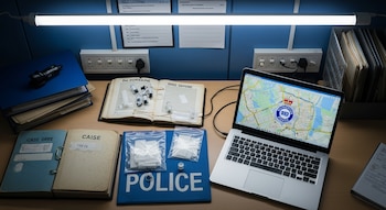 Una mesa de trabajo policial con una lámpara, expedientes, materiales forenses en bolsas y una laptop que muestra mapas de Londres y el logo de la Policía Metropolitana.