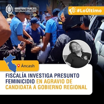 Infografía con policías y transeúntes, un mapa de Perú con el departamento de Áncash destacado y el retrato en blanco y negro de una mujer