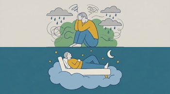 Ilustración dividida. Arriba, figura sentada con la cabeza entre las manos, rodeada de nubes y símbolos de ansiedad. Abajo, la figura duerme en una cama sobre una nube, con estrellas y luna.