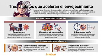 Infografía sobre el envejecimiento celular con ilustraciones de un rostro, relojes, persona sedentaria, alimentos ultraprocesados, ojo, ADN, célula, intestinos.