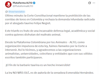 La Plataforma Colombiana por los Animales - ALTO celebró la decisión de la Corte Constitucional y señaló que había intervenido en el proceso como organización impulsora de la Ley 2385 de 2024 - crédito @PlataformaALTO/X