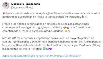 Alexandra Pineda publicó un mensaje en el que pidió investigar los hechos y garantizar la transparencia electoral. - crédito @AlexandraPined_/X