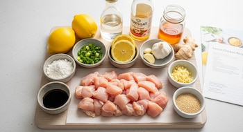 Trozo de pollo crudo en cubos, limones, jengibre, ajo, cebolla verde, harina de maíz, salsa de soja, vinagre, miel, agua, semillas y papel con receta.