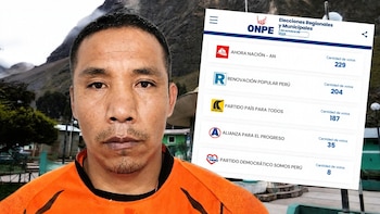 Un hombre con camiseta naranja frente a montañas junto a una pantalla con resultados electorales de la ONPE