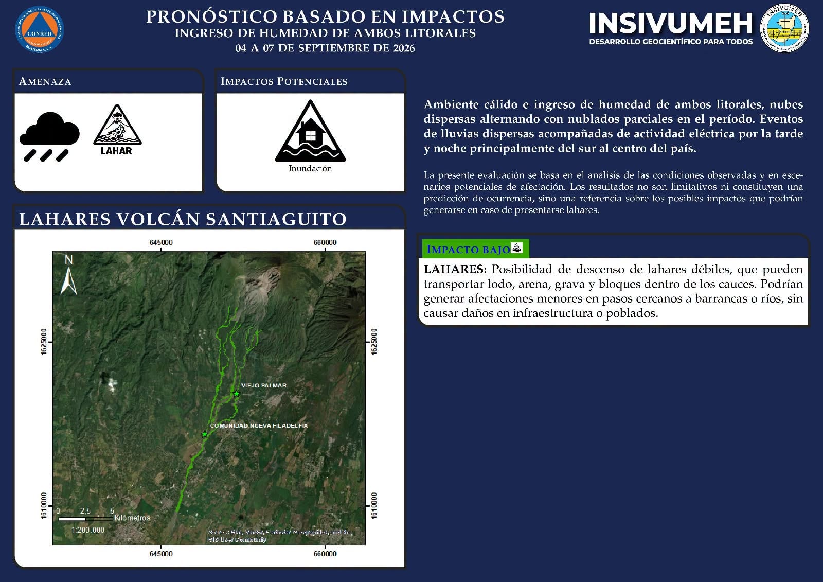 Un boletín del INSIVUMEH detalla el pronóstico de lahares de bajo impacto en el volcán Santiaguito de Guatemala entre el 4 y el 7 de septiembre. (Insivumeh)