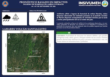 Infografía del INSIVUMEH con mapa satelital del volcán Santiaguito, cauces delimitados en verde y texto descriptivo de lahar e inundación