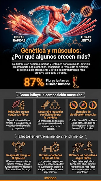 Ilustración de un sistema muscular humano corriendo con fibras musculares rápidas y lentas, estructuras de ADN y moleculares, junto a infografía sobre genética muscular.