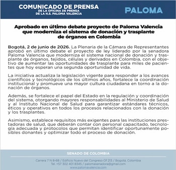 La Cámara de Representantes aprobó en último debate la iniciativa que actualiza la normativa sobre la red nacional de donación y trasplantes. - crédito @PrensaPalomaV/X
