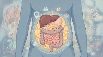 Ilustración del torso humano con el hígado, el estómago, el páncreas y los intestinos rodeados por íconos metabólicos y gráficos.