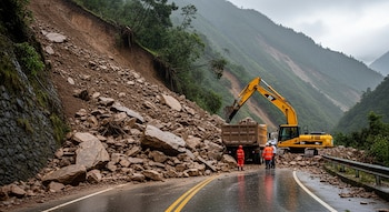Carretera mojada bloqueada por un deslizamiento de tierra con rocas. Una excavadora amarilla carga un camión. Dos trabajadores observan. Montañas y vegetación.