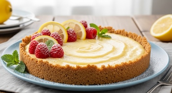 Tarta de limón con base de galleta, relleno amarillo claro, decorada con frambuesas rojas, rodajas de limón y hojas de menta, sobre un plato azul.