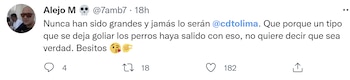 Hinchas de otros equipos colombianos critican al Deportes Tolima tras su humillante eliminación de Copa Libertadores. Imagen: original tomada de @7amb7.