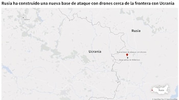 Mapa geográfico de la frontera entre Ucrania y Rusia con marcadores que señalan la ciudad de Járkov y la base aérea de Millerovo.