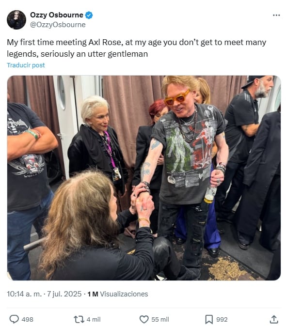 Ozzy se mostró encantado de conocer a Axl Rose a quien eligió (X/@OzzyOsbourne)