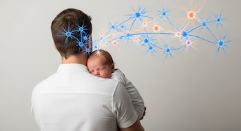 Un hombre de espaldas sostiene a un bebé dormido sobre su hombro, con una ilustración digital de neuronas azules y naranjas conectando sus cabezas.