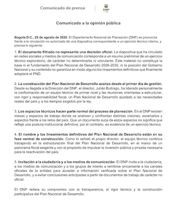 La respuesta oficial del DNP a la filtración de la imagen se conoció la mañana del viernes 28 de agosto de 2026 - crédito DNP