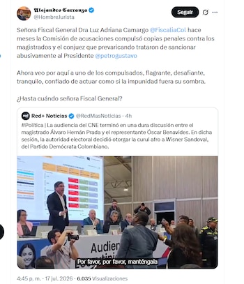 El abogado Alejandro Carranza hizo crítica a la Fiscalía por conducta de Álvaro Hernán Prada, sobre el que se compulsó copias por prevaricato - crédito @HombreJurista/X