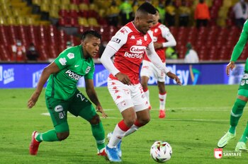 Con goles de Sebastián Gómez y Kelvin Osorio, se abrió el marcador en Bogotá este miércoles 8 de septiembre en el duelo de ida entre Independiente Santa Fe y Atlético Nacional por los cuartos de final de la Copa BetPlay 2021 / (Twitter: @SantaFe)