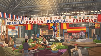 Ilustración de un mercado bullicioso con puestos de frutas y verduras, personas comprando y banderas de Francia colgando bajo un techo de metal.