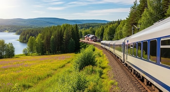 Vista aérea de un tren blanco y azul en una curva de vía férrea. A la izquierda, un lago y un campo de flores silvestres. Al fondo, bosques y montañas bajo un cielo azul.