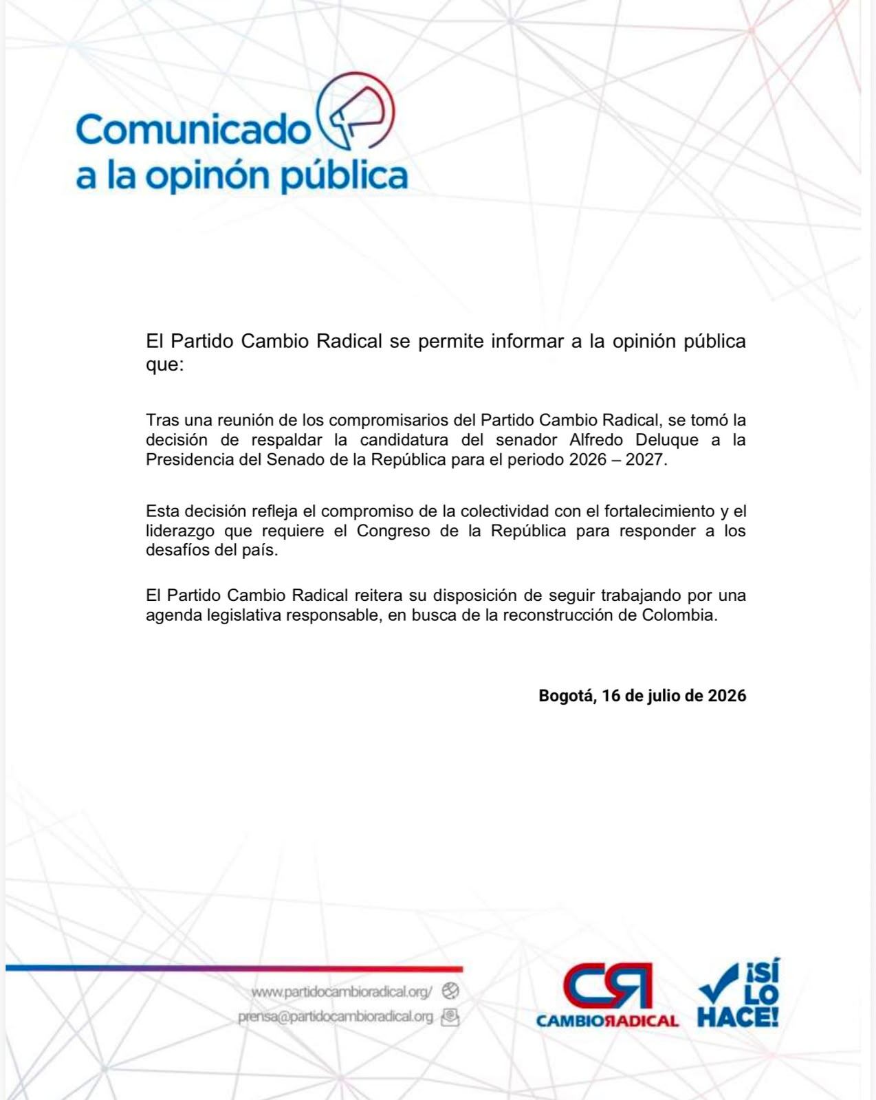 El senador Alfredo Deluque continúa consolidando apoyos políticos antes de la elección de la nueva mesa directiva del Congreso- crédito @PCambioRadical/ X