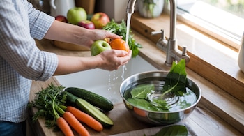 Manos lavan una naranja y una manzana verde en el fregadero; hay zanahorias, pepinos, manzanas y hojas verdes en la encimera.