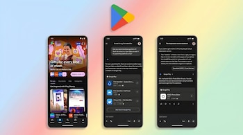 Tres smartphones con pantallas oscuras mostrando Google Play Store y un asistente de IA, sobre un fondo degradado de colores pastel con el logo de Google Play.