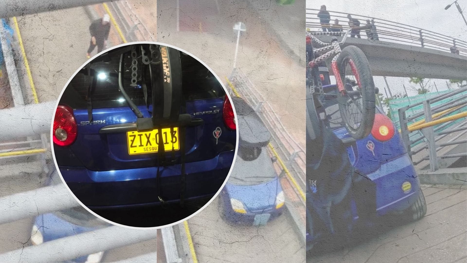 Revelan las placas del Spark azul que intentó cruzar un puente peatonal en Bogotá: el vehículo acumula más de $4.000.000 en comparendos y multas