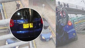 Revelan las placas del Spark azul que intentó cruzar un puente peatonal en Bogotá: el vehículo acumula más de $4.000.000 en comparendos y multas