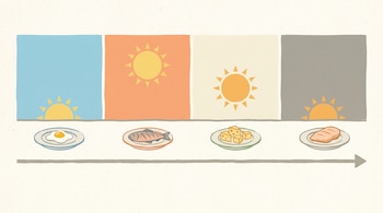 Ilustración plana de una línea de tiempo horizontal. Muestra el sol en amanecer, mediodía, atardecer y noche con un huevo, pescado, queso y pollo respectivamente.
