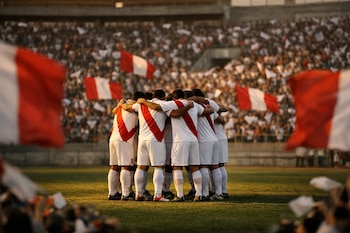 Vista aérea de jugadores de fútbol peruanos abrazándose en círculo en el centro de un estadio lleno, con banderas de Perú ondeando entre los aficionados al atardecer.
