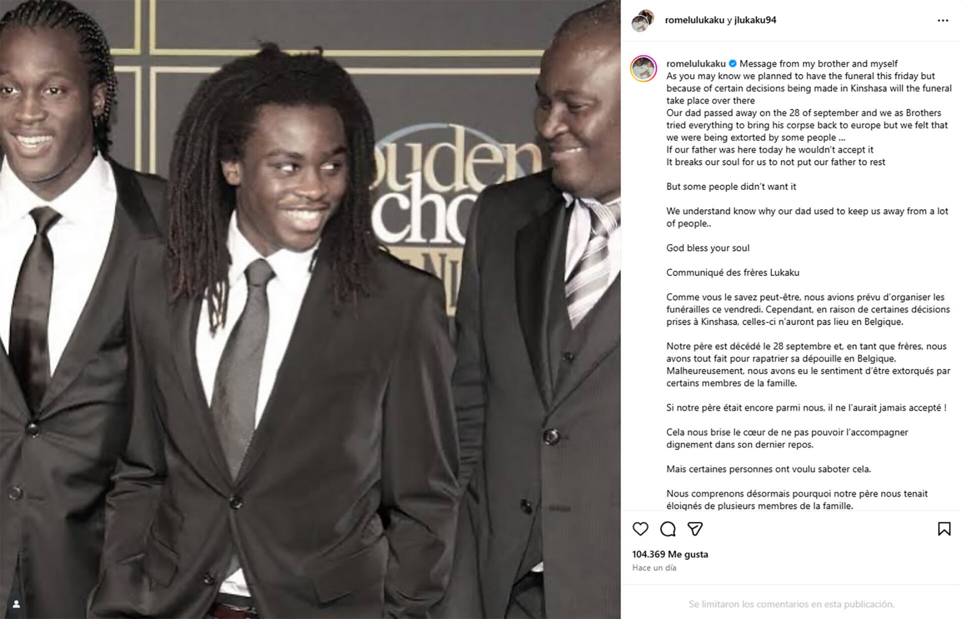 El comunicado de los hermanos Lukaku tras la muerte de su padre