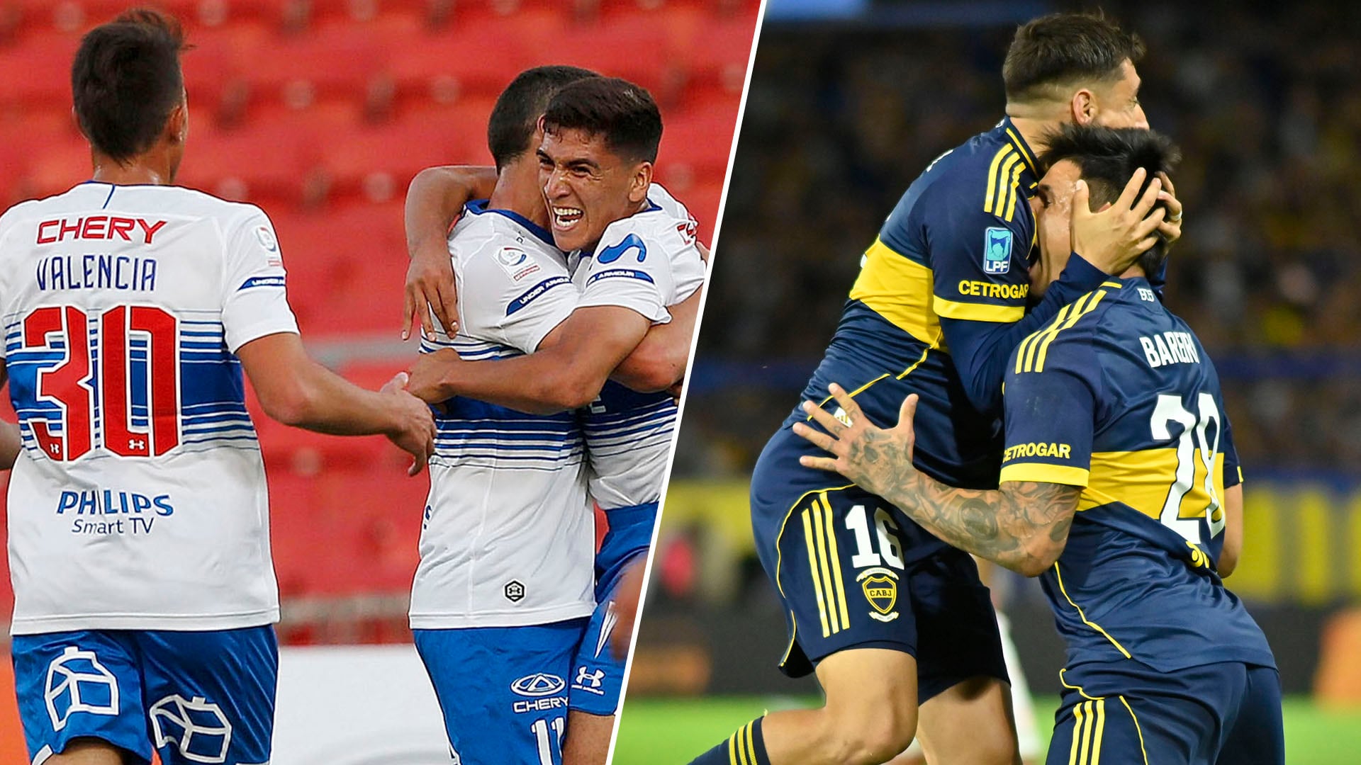 Jugadores de Universidad Católica y Boca Juniors celebran en imágenes divididas, mostrando la pasión que antecede a su próximo enfrentamiento en el fútbol sudamericano.