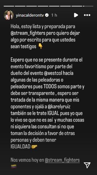 Yina Calderón pidió a Westcol igualdad de trato entre todos los peleadores de