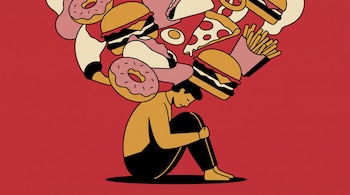 Ilustración de una persona sentada sobre un fondo rojo, cubierta en la parte superior por hamburguesas, donas, pizza y papas fritas.