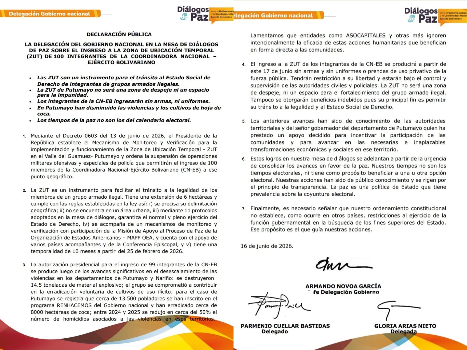El proceso de desmovilización de la Cneb cuenta con monitoreo de la Mapp/OEA, países acompañantes y la Iglesia católica dentro del mecanismo de verificación - crédito Consejería de Paz