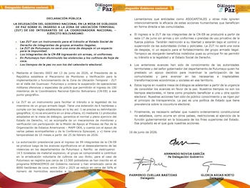 El proceso de desmovilización de la Cneb cuenta con monitoreo de la Mapp/OEA, países acompañantes y la Iglesia católica dentro del mecanismo de verificación - crédito Consejería de Paz