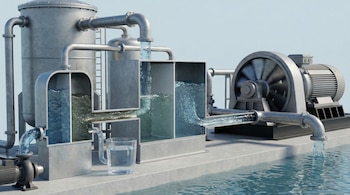 Representación de un sistema de tratamiento de agua industrial. Muestra tanques, tuberías, filtros, una bomba con motor y agua fluyendo, con un vaso de agua limpia.