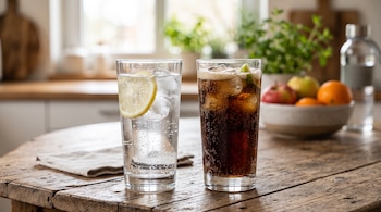Dos vasos con hielo en una mesa de madera, uno con agua y una rodaja de limón y otro con gaseosa oscura y un trozo de lima.
