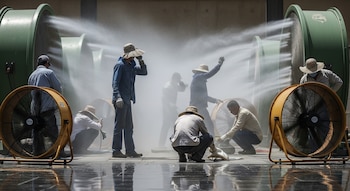 Trabajadores al aire libre bajo el sol, rodeados de grandes ventiladores industriales que emiten una niebla de agua visible. Se ven ventiladores amarillos en primer plano.