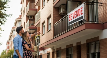 Una pareja joven observa un edificio de ladrillo. El hombre señala un cartel blanco con letras rojas que dice "Se Vende" en un balcón.