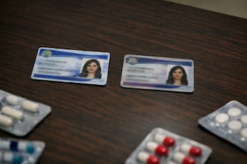 Dos credenciales de identificación de una mujer, una verdadera y otra falsa, sobre una mesa oscura con blísteres de pastillas.