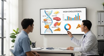 Un médico en bata blanca señala una pantalla con gráficos de ADN, alimentos grasos y datos de colesterol alto, mientras un paciente joven lo escucha atentamente en una consulta.