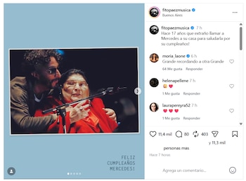 Fito Páez homenajeó a Mercedes Sosa en Instagram con un mensaje sobre la ausencia que siente desde hace 17 años