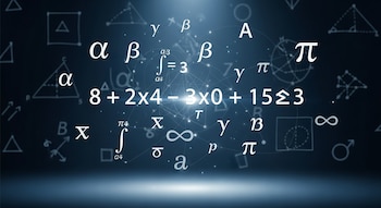 Cálculo numérico 8+2x4-3x0+15÷3, letras griegas, símbolos de integral e infinito, figuras geométricas, fondo azul oscuro con brillo.