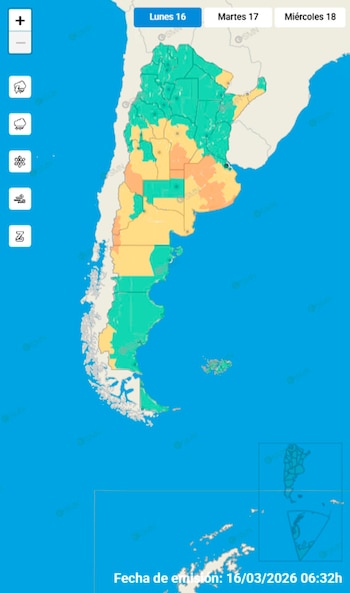 Mapa de Argentina con divisiones provinciales. Varias regiones están coloreadas en verde y amarillo indicando alertas meteorológicas. La fecha de emisión es 16/03/2026