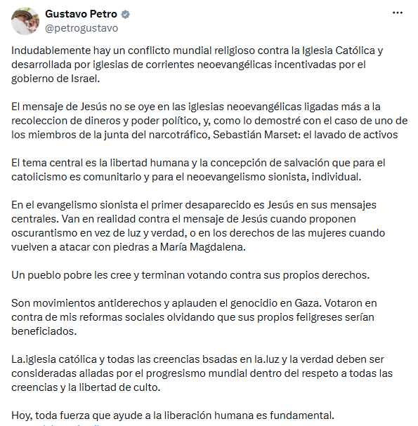 Gustavo Petro vincula movimientos neo-evangélicos con ataques a derechos humanos y apoyo a políticas regresivas - crédito @petrogustavo/X