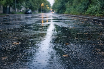 Vista a nivel del suelo de una calle oscura y mojada con reflejos de luz. Gotas de lluvia crean círculos en el agua estancada sobre el asfalto y hojas caídas.