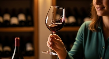 Uma mulher com blusa verde esmeralda segura uma taça de vinho tinto, o líquido se movendo. Ao fundo, uma prateleira com garrafas de vinho opacas.